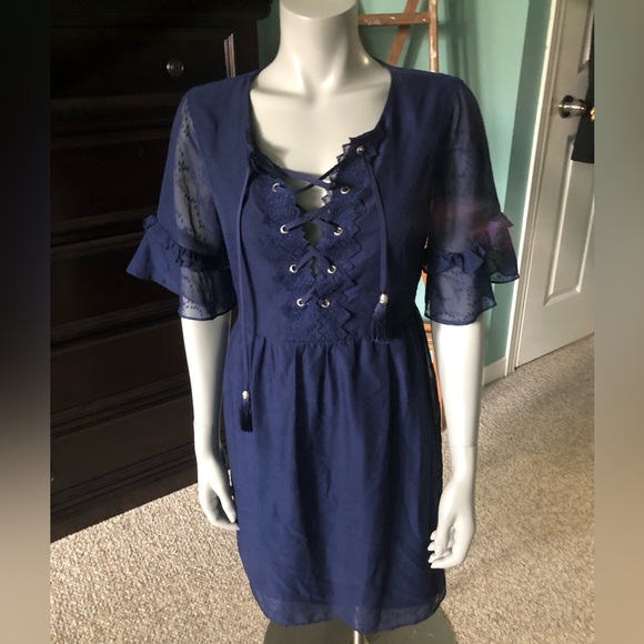 Laundry by Shelly Segal navy dress with tie neckline and shear sleeves - Picture 2 of 12